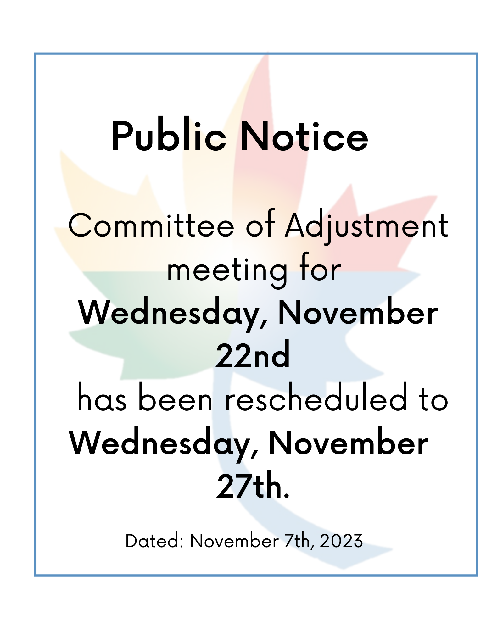 Committee of Adjustment Meeting Rescheduled